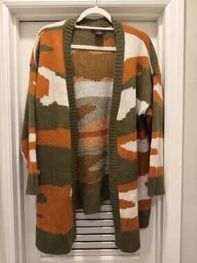 Runway 7 Women’s 2X Cardigan Sweater Olive Rust Cream Abstract Open Front
